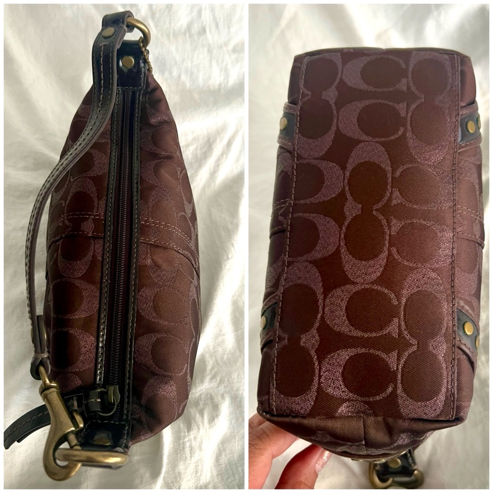 👑✅PRICE FIRM✅ Coach Brown Signature Mini Shoulder Bag with Leather Trim & studs - Picture 4 of 17